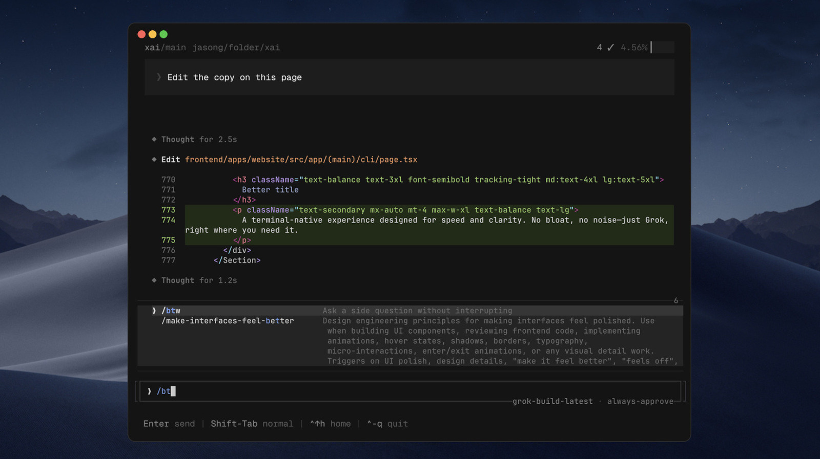 Screenshot of Grok Build coding agent